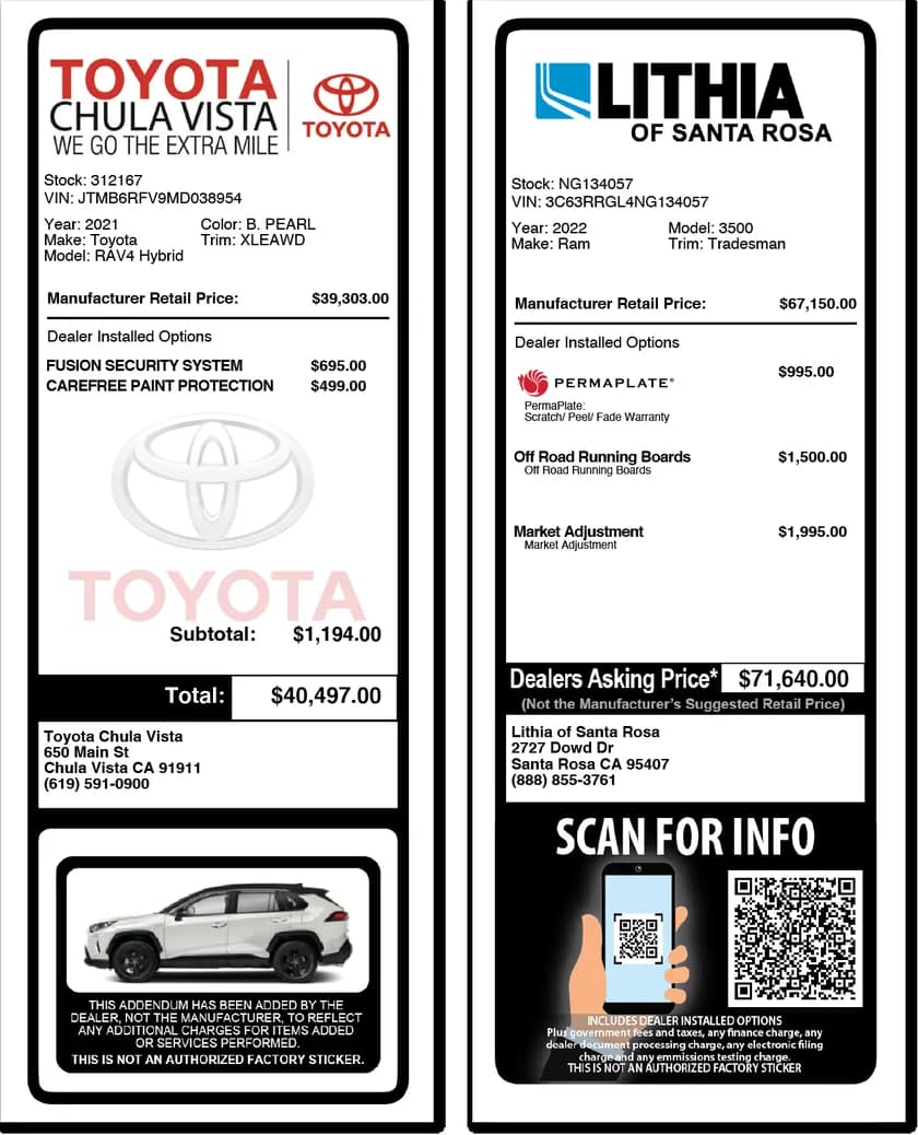Real vehicle addendums printed with DealerAddendums, including a QR Scan-for-Info sticker